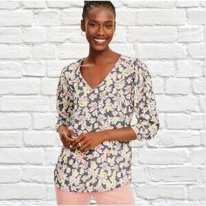 LOFT M Office Chic Vibrant Floral Print Long Sleeve Blouse V-Neck Top, Medium